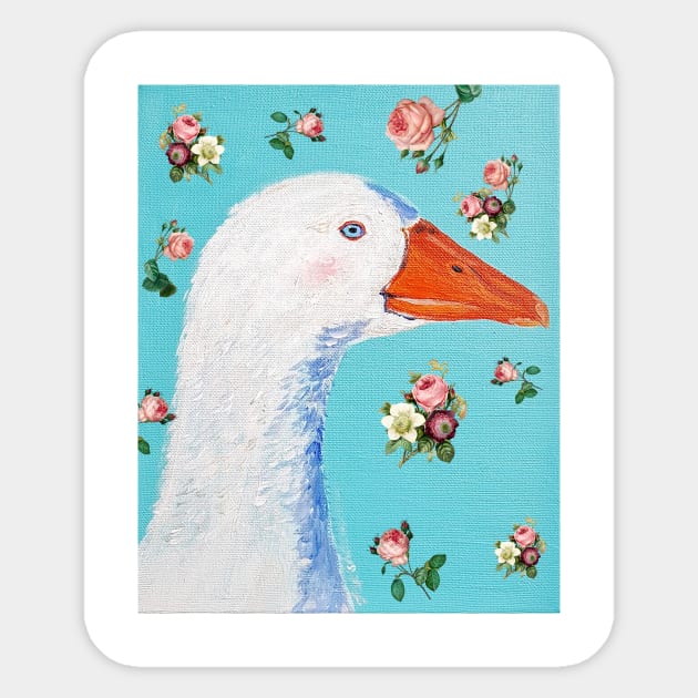 White goose and English roses Sticker by Orangerinka